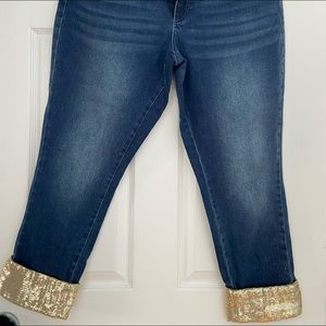 Gold sequin cuffed crop jeans. Never worn